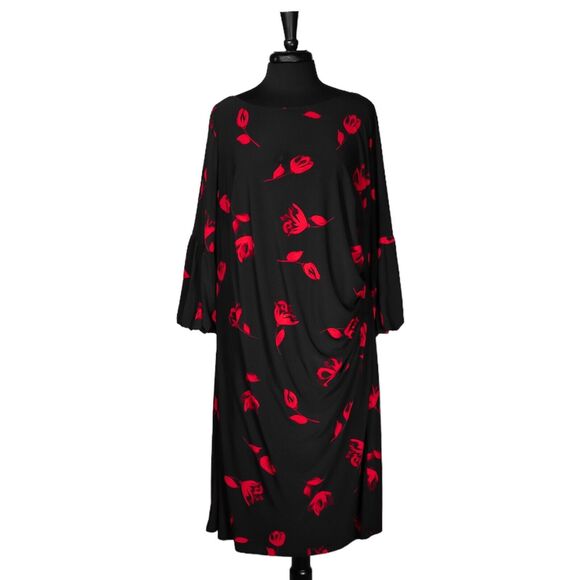 Ralph Lauren Women's Dress Black Red Floral Stretch Bell Sleeve Jersey Midi 20W - Picture 1 of 9
